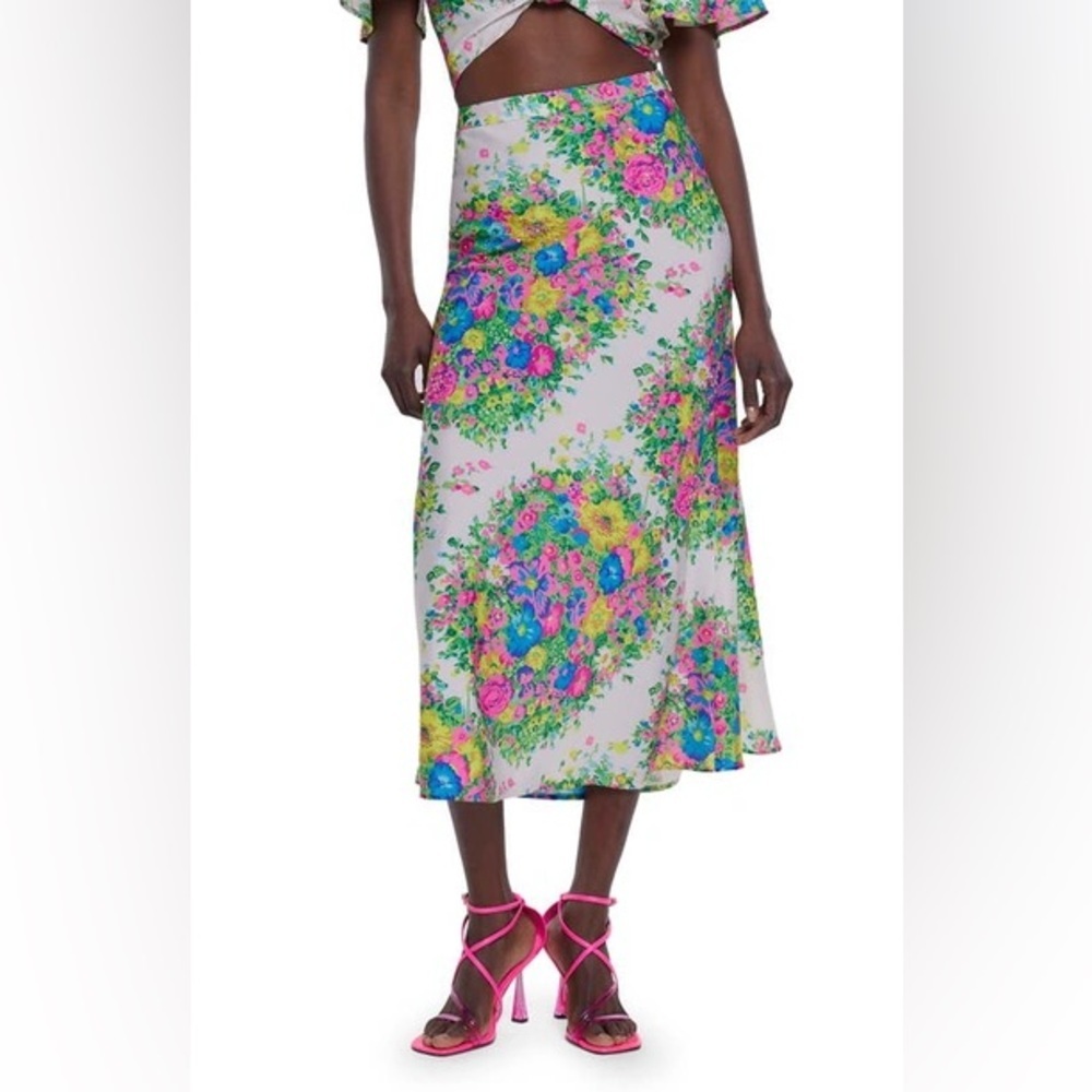 River Island Pink and Yellow Midi A-Line Skirt